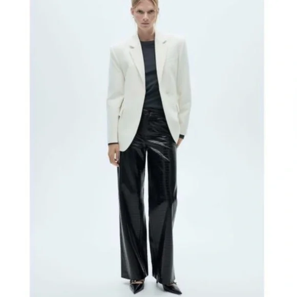 Mango Black Croc-Embossed Straight Leg Pants - Picture 2 of 7